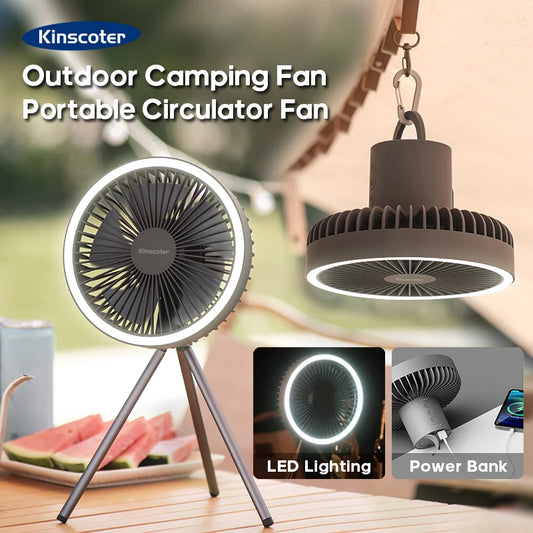 Portable Rechargeable Camping Fan with Power Bank & LED Lighting - 10000mAh / 4000mAh